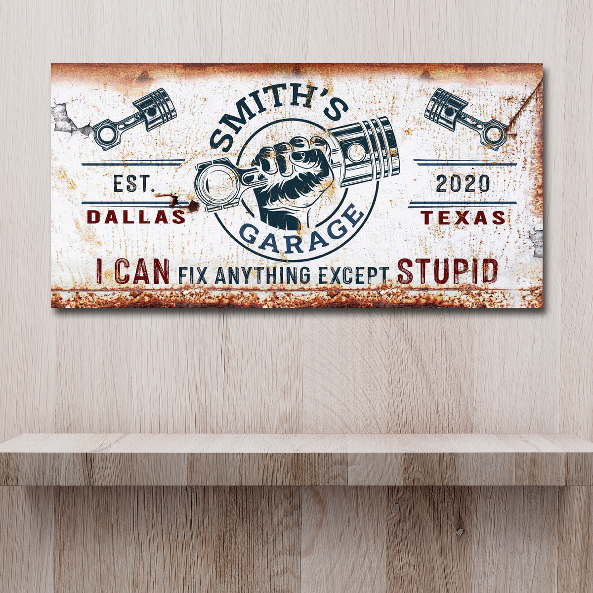Family Garage Sign canvas with distressed rust finish and piston graphics on Tampa Home & Garden Store