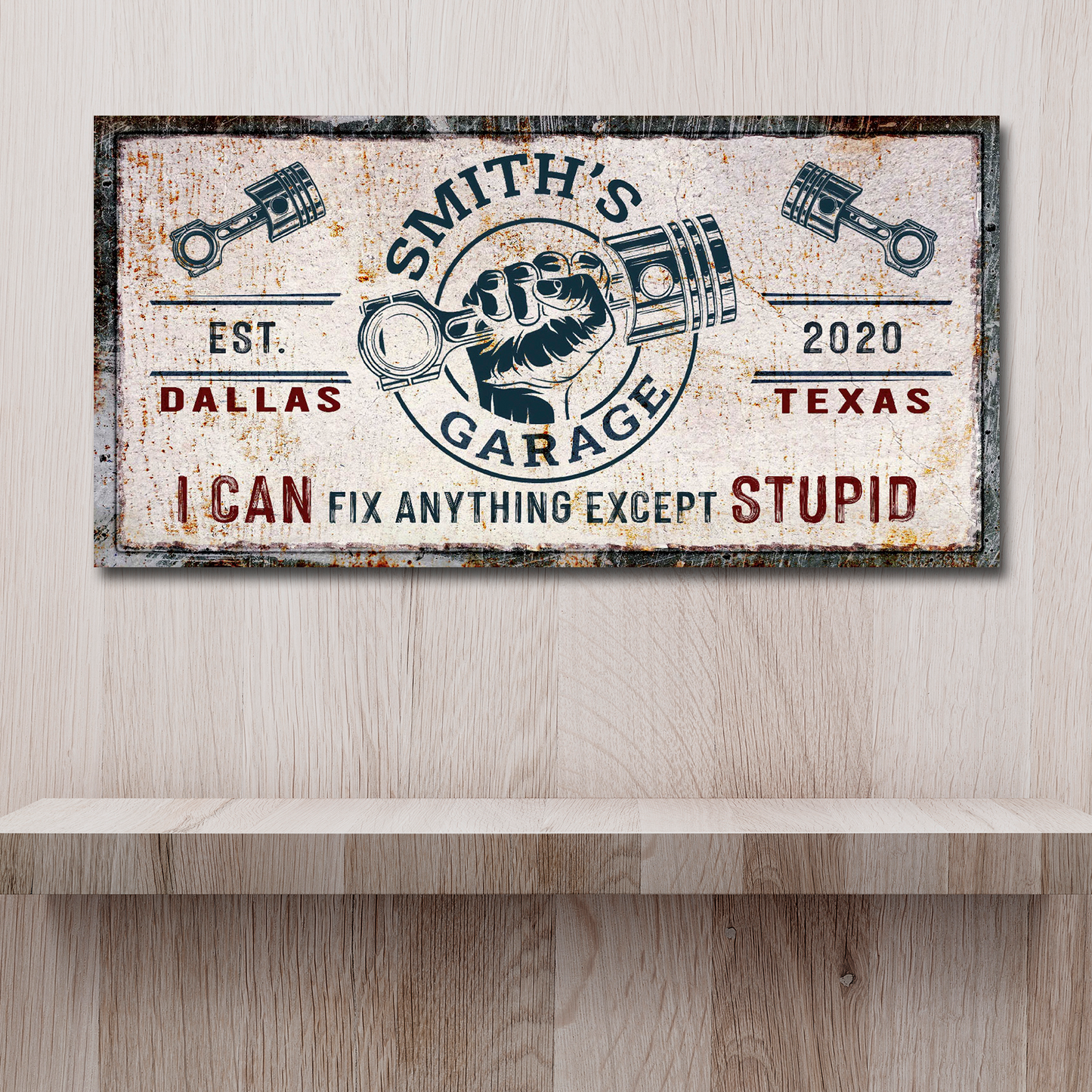 Family Garage Sign canvas with distressed rusted look and fist and piston emblem on vintage metal sign on Tampa Home & Garden Store