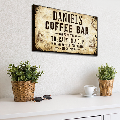 Therapy In A Cup Coffee Bar Sign canvas wall art with vintage beige distressed typography on Tampa Home & Garden Store