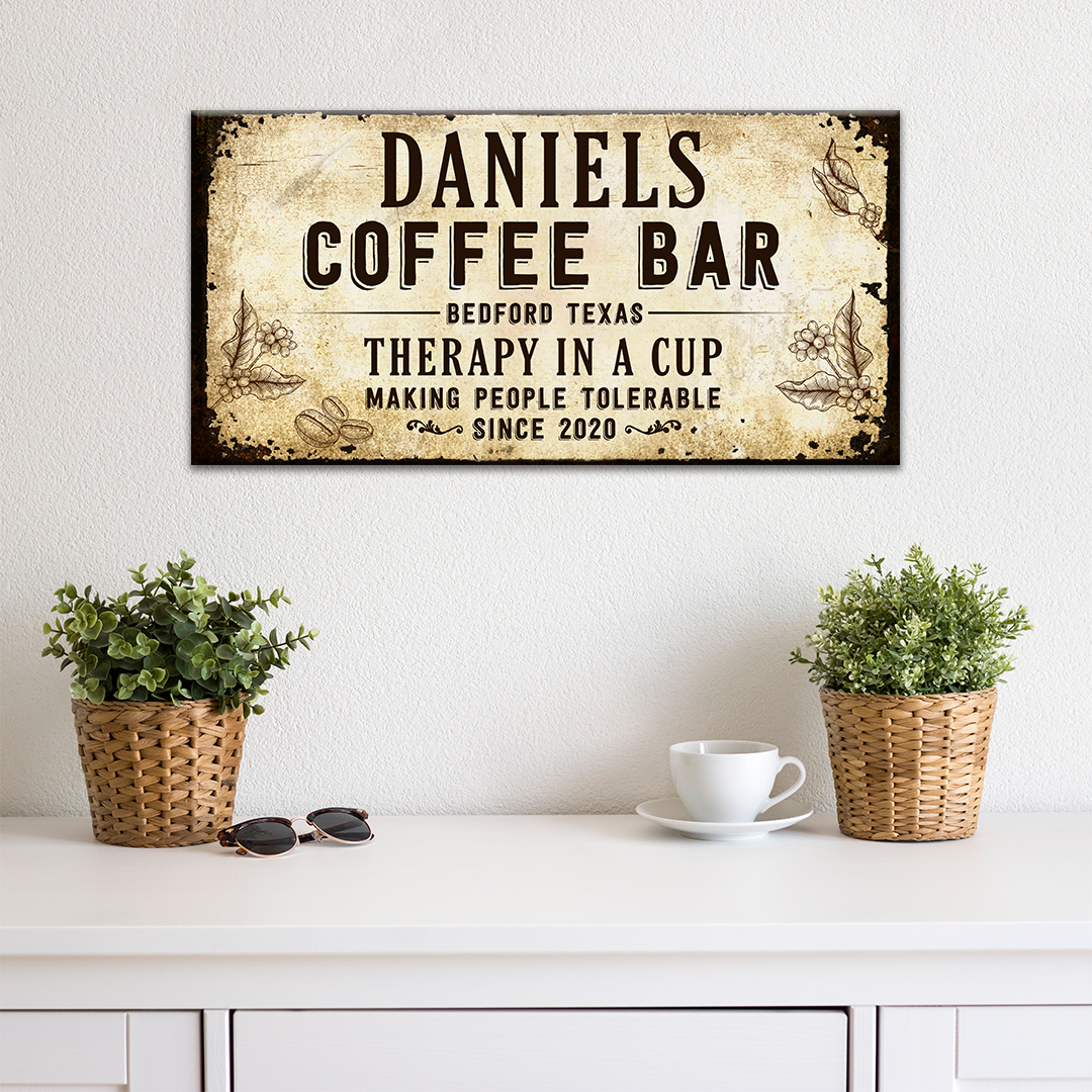Therapy In A Cup Coffee Bar Sign canvas by Tailored Canvases, vintage beige distressed wall art on Tampa Home & Garden Store