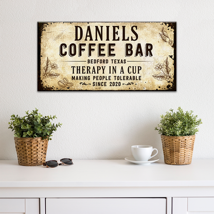 Therapy In A Cup Coffee Bar Sign canvas by Tailored Canvases, vintage beige distressed wall art on Tampa Home & Garden Store