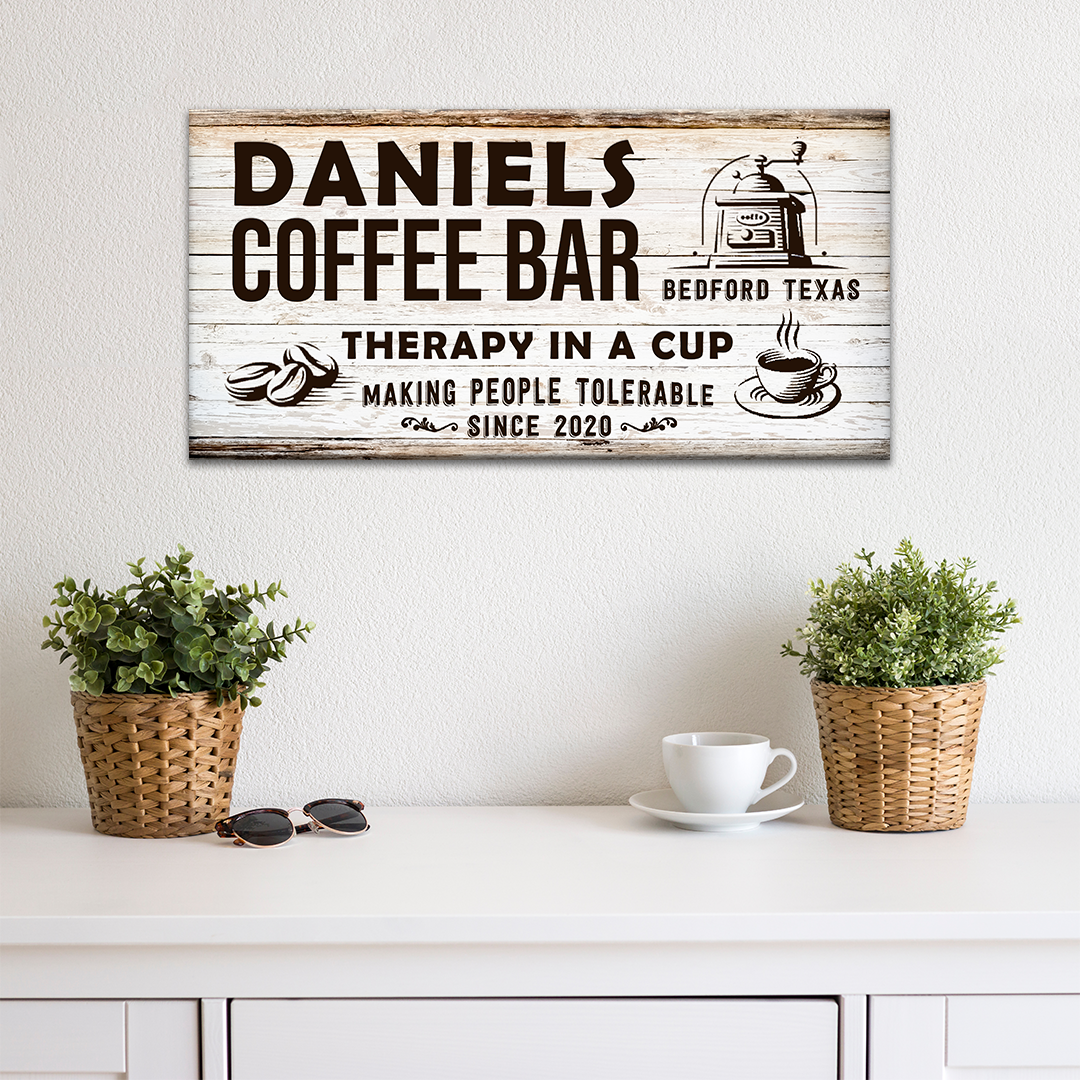 Therapy In A Cup Coffee Bar Sign canvas by Tailored Canvases with rustic wood backdrop on Tampa Home & Garden Store