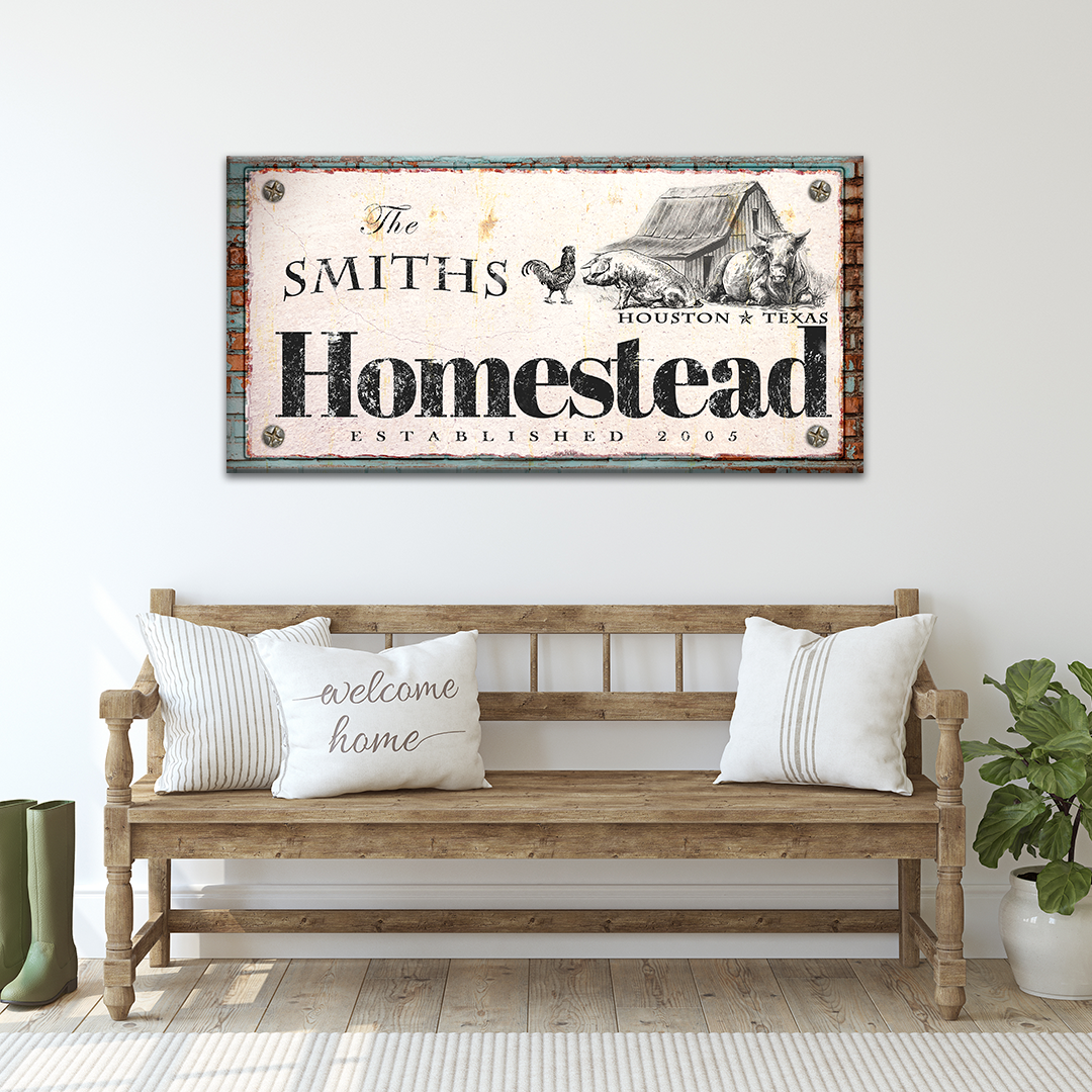 Homestead Sign canvas by Tailored Canvases with Homestead text and rustic farm motif above a sofa on Tampa Home & Garden Store