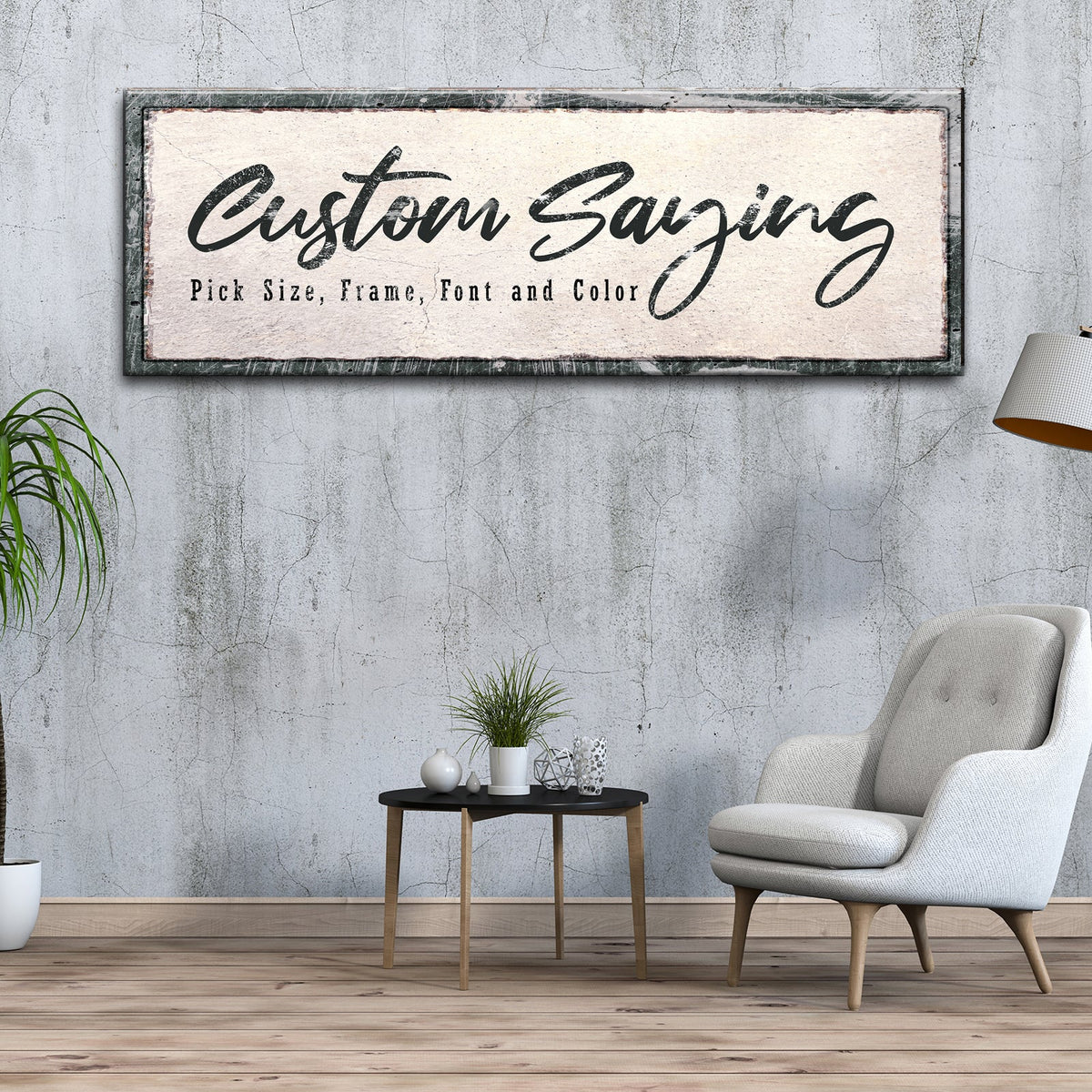 Custom Saying Sign canvas by Tailored Canvases with beige textured canvas and distressed frame on Tampa Home & Garden Store