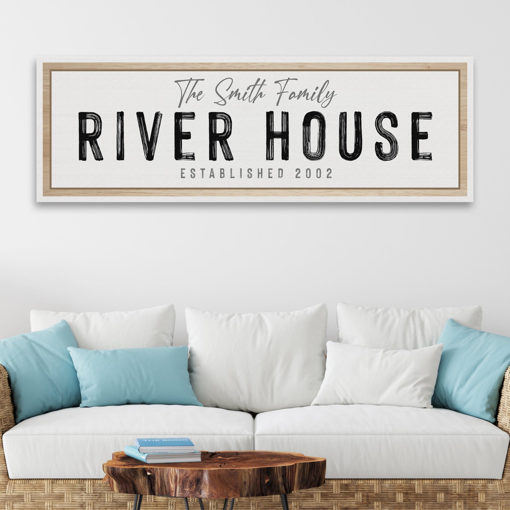 River House Sign canvas with wood frame, beige background and bold black lettering on Tampa Home & Garden Store