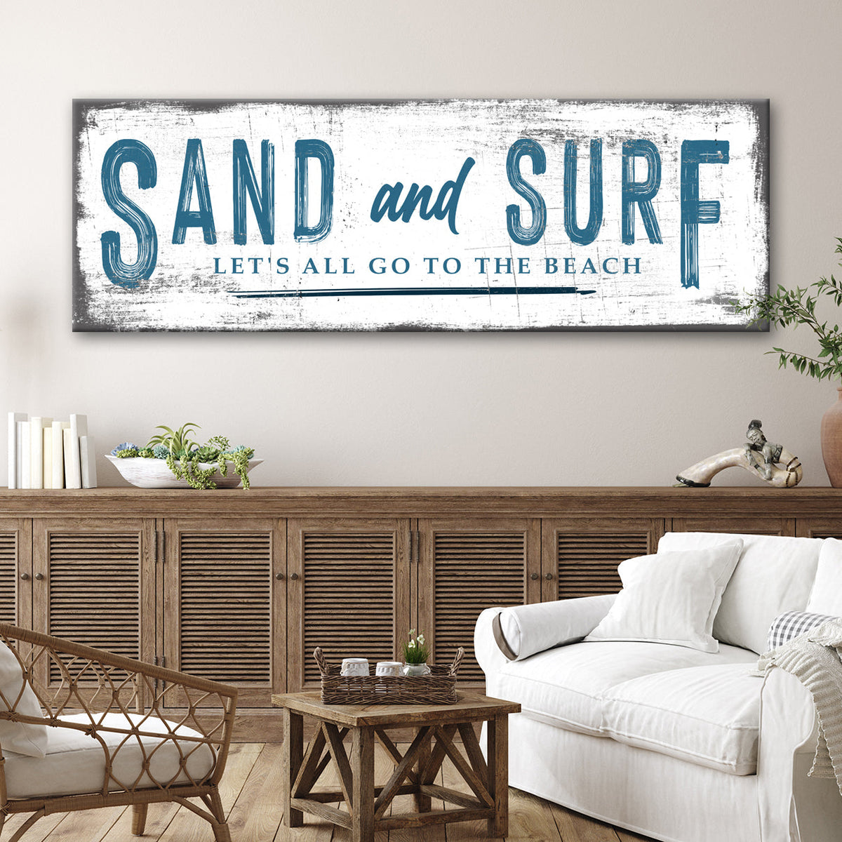 Sand and Surf Sign canvas wall art by Tailored Canvases in distressed white and blue on Tampa Home & Garden Store