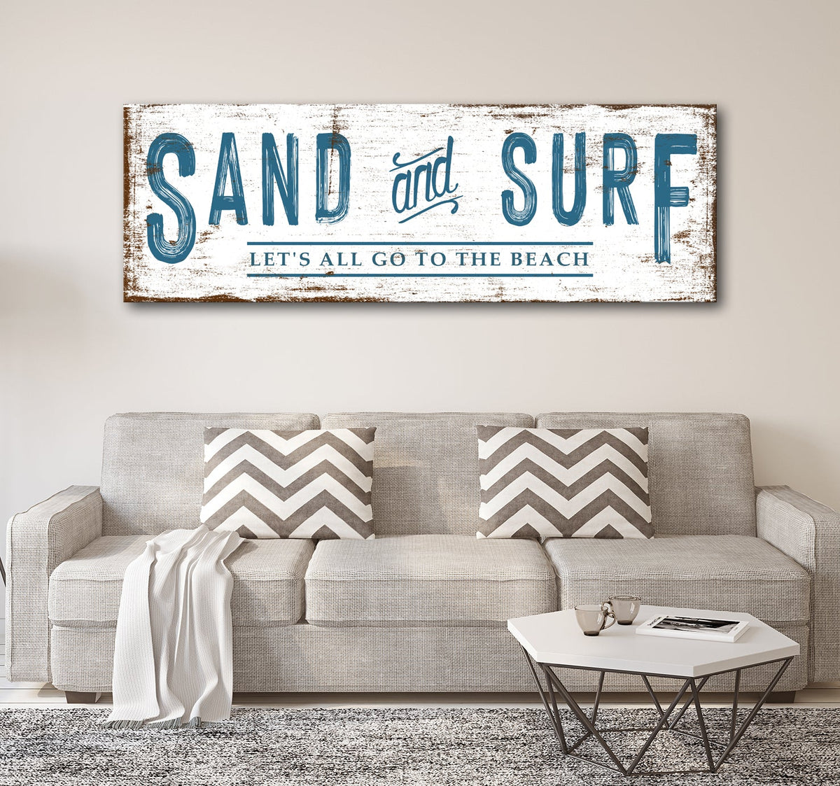 Sand and Surf canvas sign with blue distressed lettering, Tailored Canvases rustic beach decor on Tampa Home & Garden Store