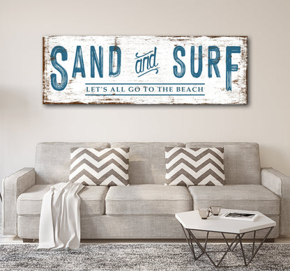 Sand and Surf canvas sign with blue distressed lettering, Tailored Canvases rustic beach decor on Tampa Home & Garden Store