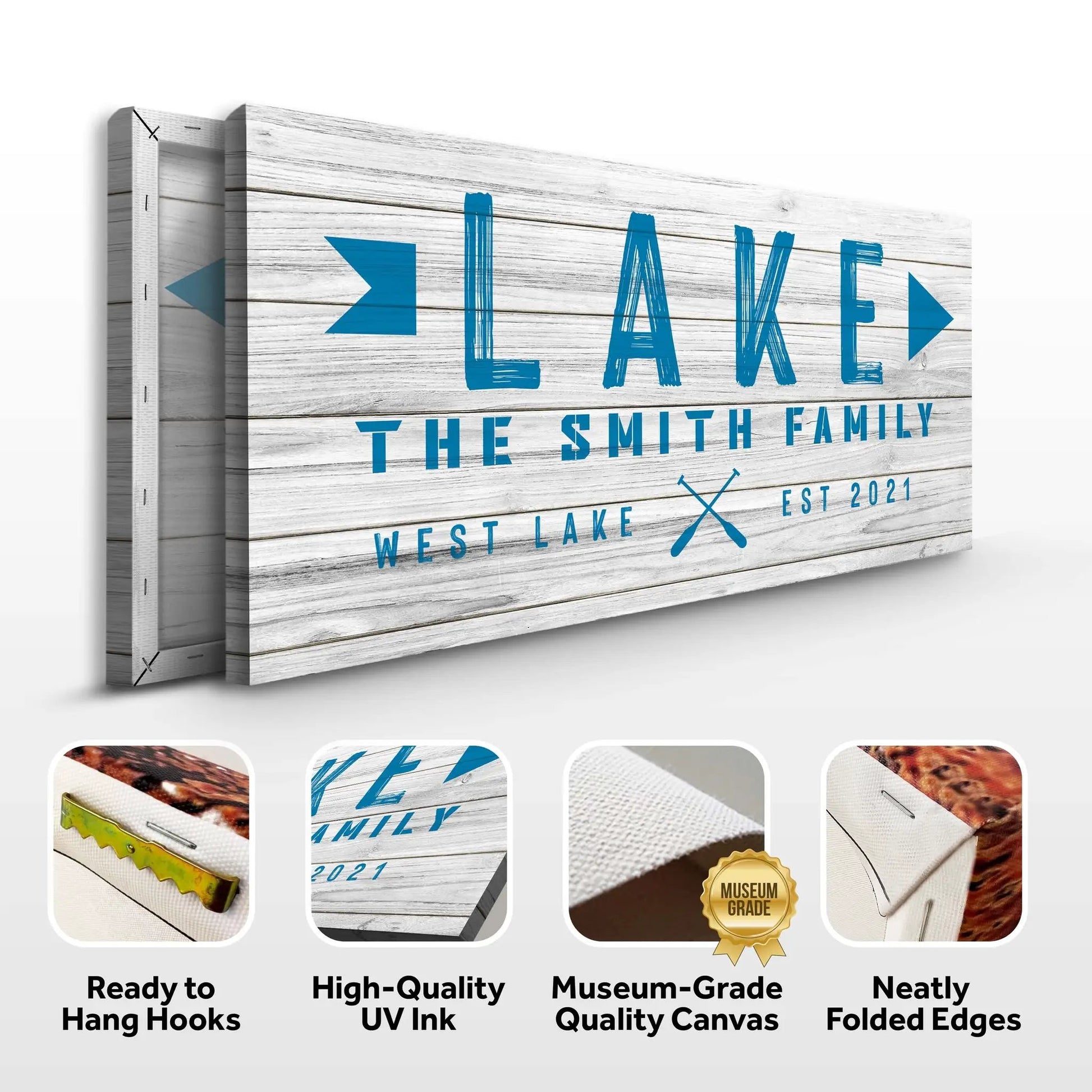 Wooden Lake Arrow Sign canvas by Tailored Canvases with whitewashed planks and blue lettering on Tampa Home & Garden Store