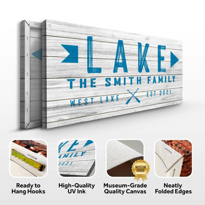 Wooden Lake Arrow Sign canvas by Tailored Canvases with whitewashed planks and blue lettering on Tampa Home & Garden Store