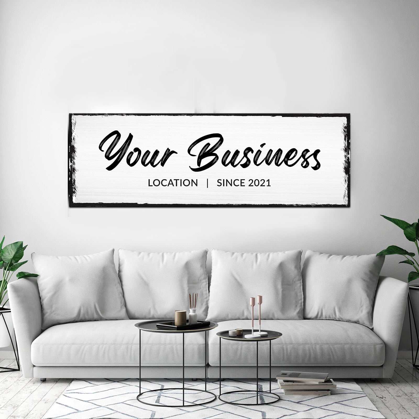 Your Business Location Sign canvas with white distressed panel and black frame Tailored Canvases on Tampa Home & Garden Store