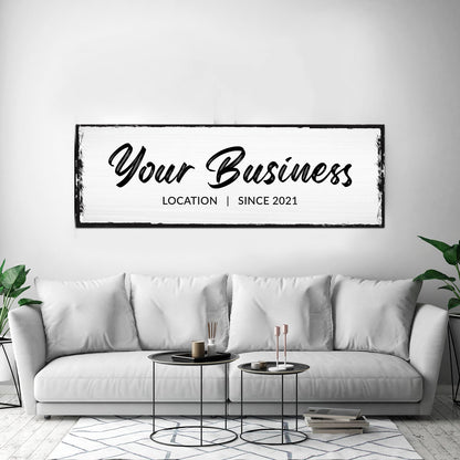 Your Business Location Sign canvas with white distressed panel and black frame Tailored Canvases on Tampa Home & Garden Store