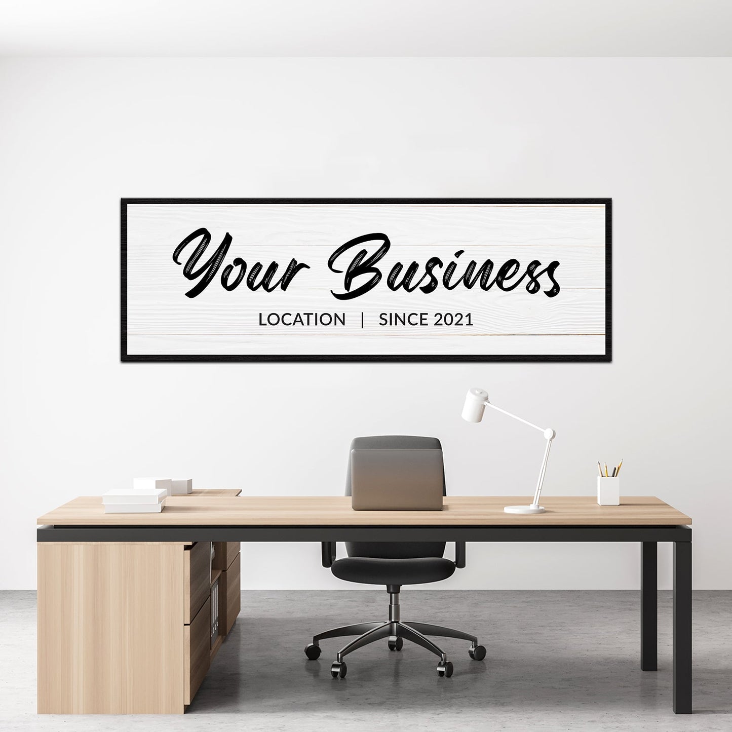 Your Business Location Sign canvas by Tailored Canvases with white wood texture and black frame on Tampa Home & Garden Store
