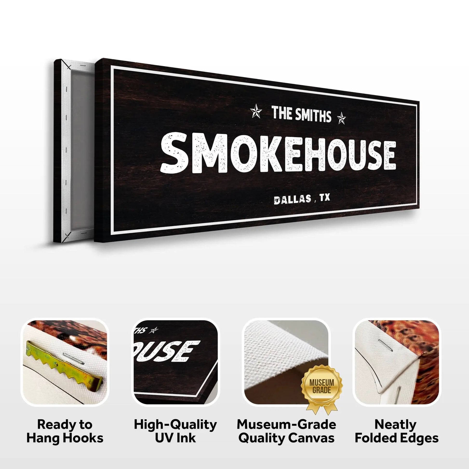 Smokehouse sign canvas by Tailored Canvases dark wood with white border on Tampa Home & Garden Store