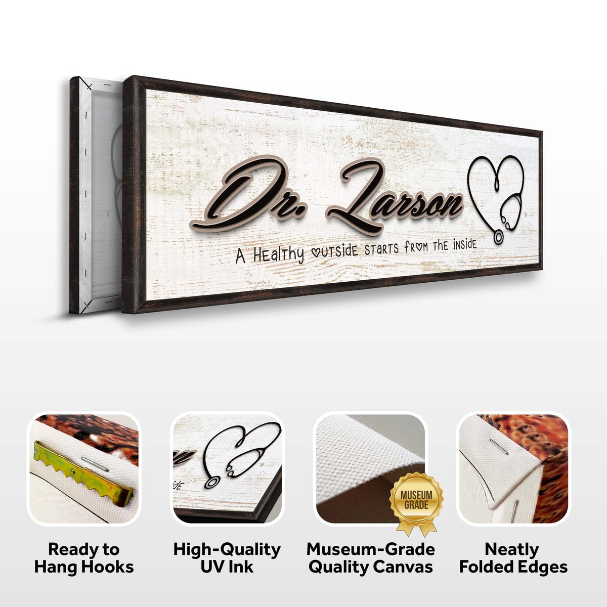 Doctor Name Sign canvas with distressed white background and dark wood frame by Tailored Canvases on Tampa Home & Garden Store