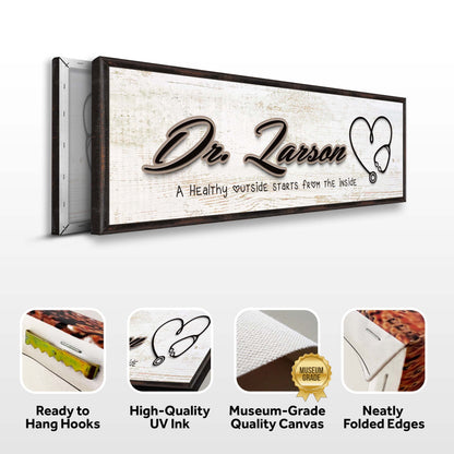 Doctor Name Sign canvas with distressed white background and dark wood frame by Tailored Canvases on Tampa Home & Garden Store