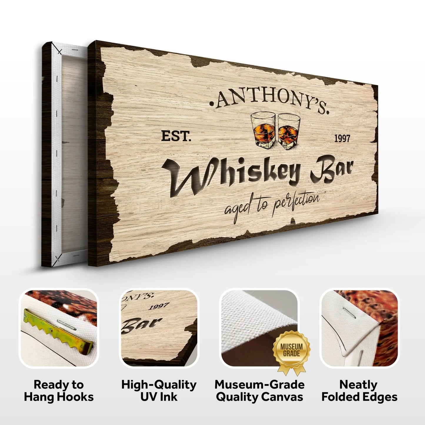 Whiskey Bar Sign II canvas with weathered wood texture and vintage whiskey art Tailored Canvases on Tampa Home & Garden Store