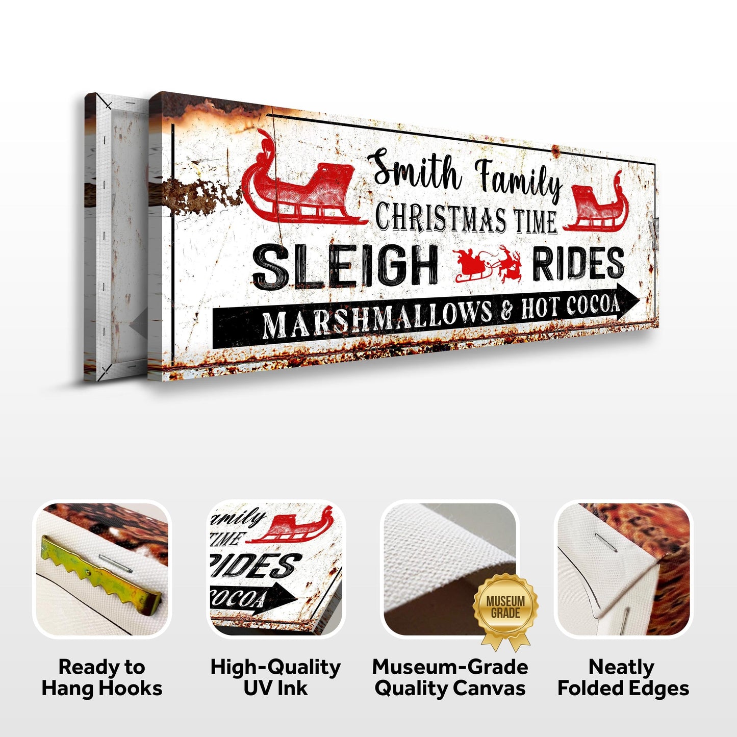 Canvas Christmas Sleigh Rides Sign with distressed white background and red sleigh icons on Tampa Home & Garden Store