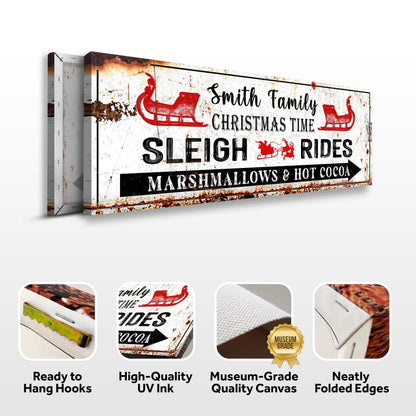 Canvas Christmas Sleigh Rides Sign with distressed white background and red sleigh icons on Tampa Home & Garden Store
