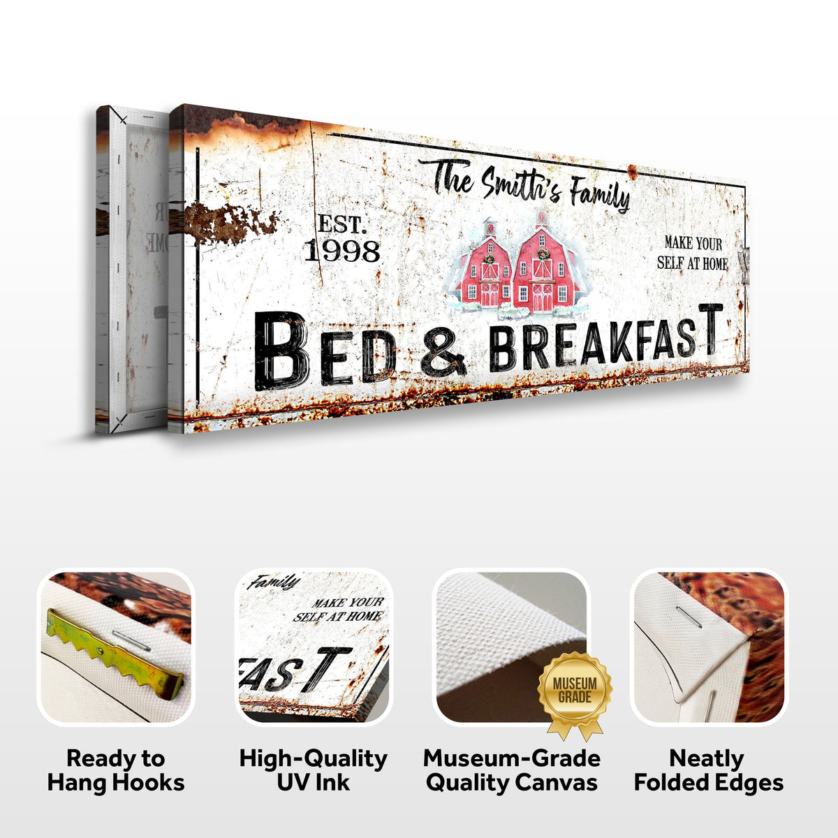 Christmas Bed & Breakfast Sign canvas by Tailored Canvases with black text on rustic backdrop on Tampa Home & Garden Store