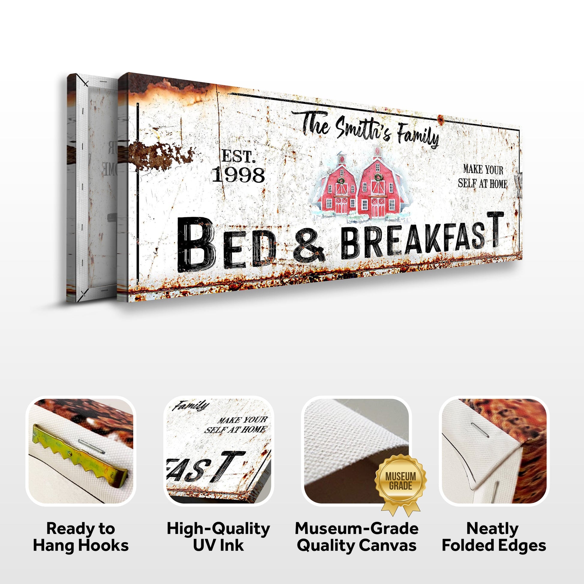Christmas Bed & Breakfast Sign canvas by Tailored Canvases with black text on rustic backdrop on Tampa Home & Garden Store