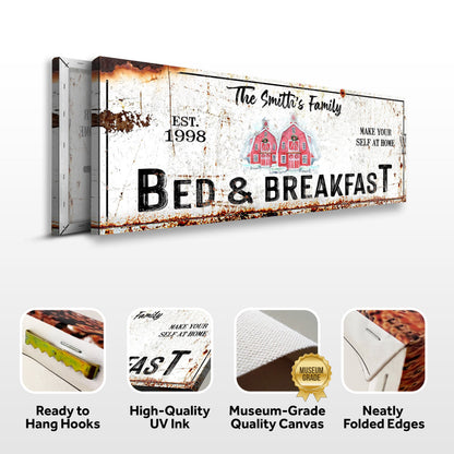 Christmas Bed & Breakfast Sign canvas by Tailored Canvases with black text on rustic backdrop on Tampa Home & Garden Store
