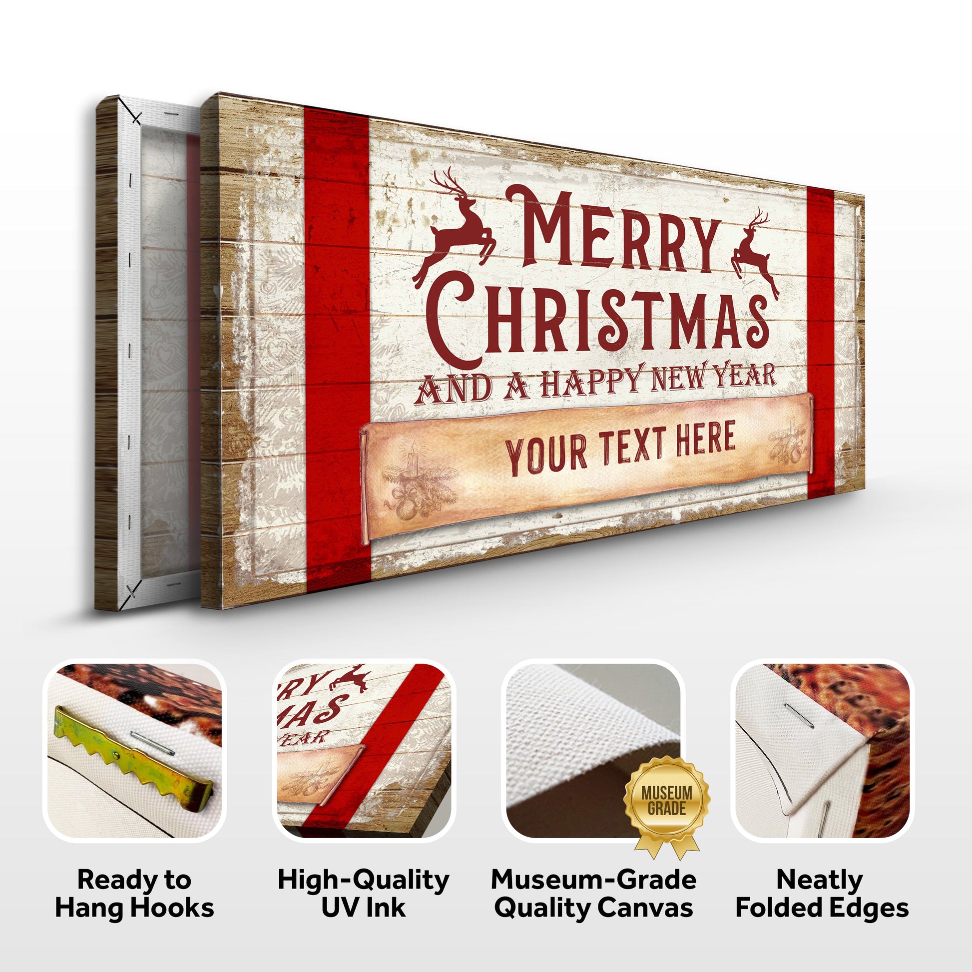 Merry Christmas Sign canvas by Tailored Canvases on rustic wood with red accents and deer on Tampa Home & Garden Store