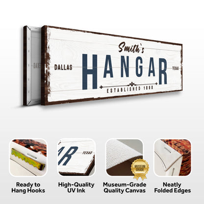 Hangar Sign canvas with planks and dark wood frame navy HANGAR Tailored Canvases on Tampa Home & Garden Store