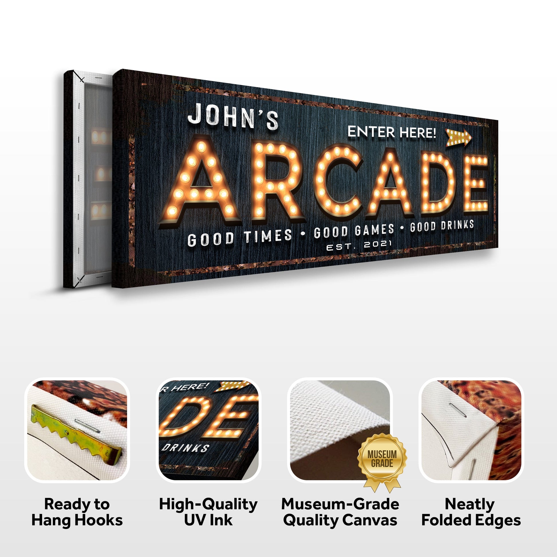 Arcade Enter Here Sign canvas by Tailored Canvases with dark wood and marquee letters on Tampa Home & Garden Store