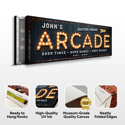 Arcade Enter Here Sign canvas by Tailored Canvases with dark wood and marquee letters on Tampa Home & Garden Store