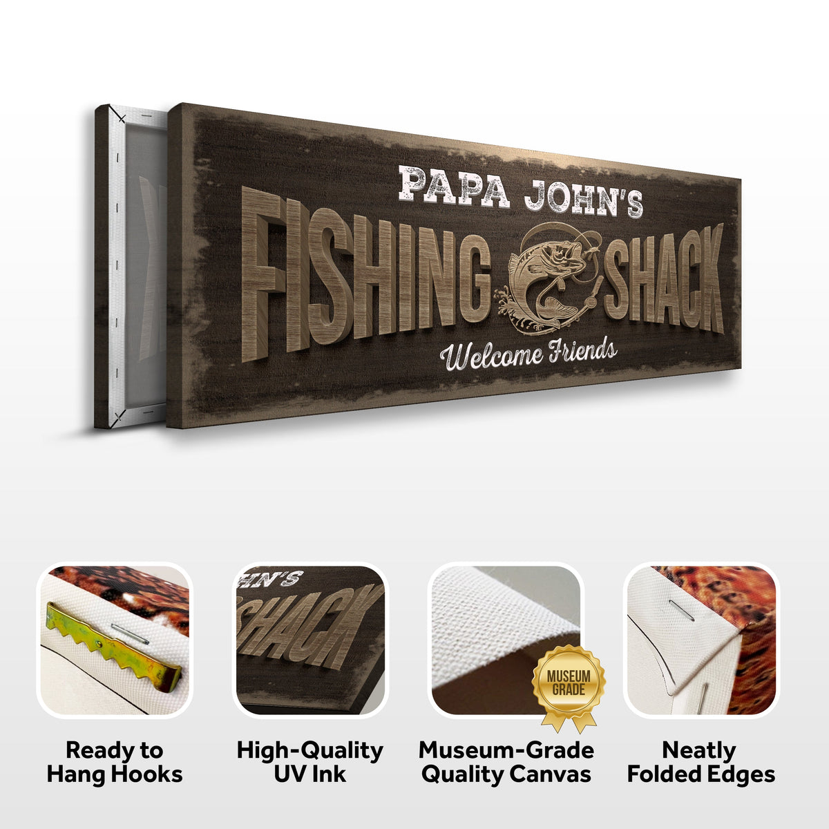 Fishing Shack II canvas sign with woodgrain and rustic lettering Tailored Canvases on Tampa Home & Garden Store