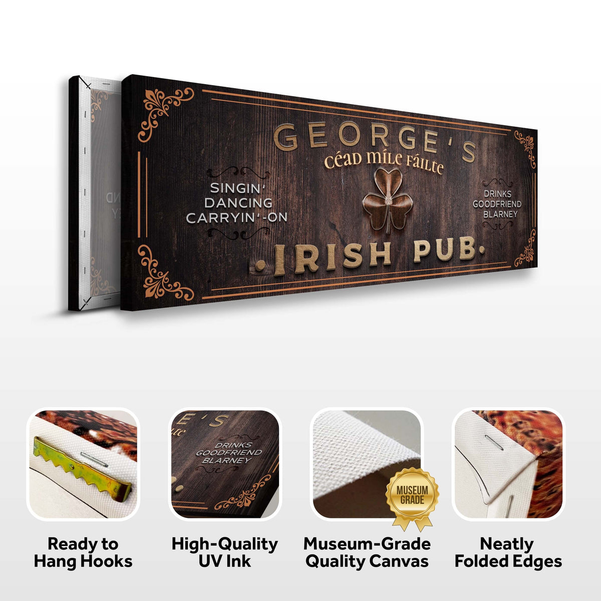 Irish Pub Sign canvas with dark wood grain, copper lettering and ornate border details on Tampa Home & Garden Store