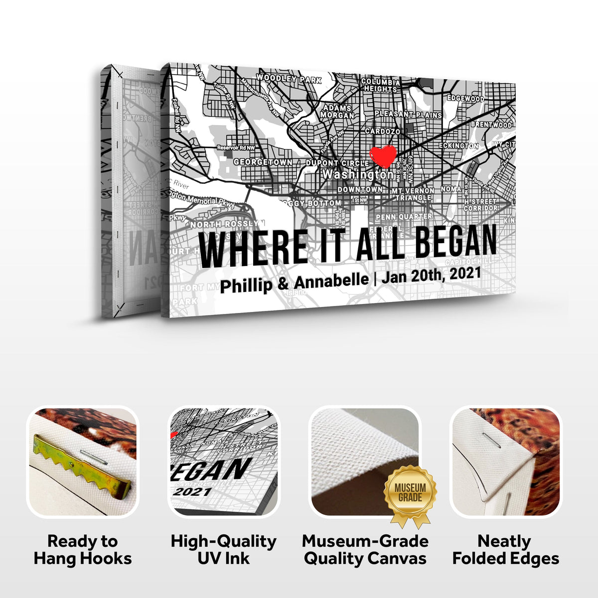Couple Street Map Sign II Canvas by Tailored Canvases; grayscale map with red heart on Tampa Home & Garden Store