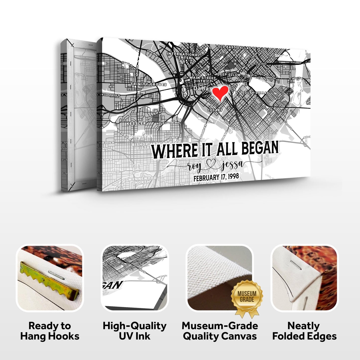 Couple street map sign canvas in grayscale with red heart over Dallas map by Tailored Canvases on Tampa Home & Garden Store