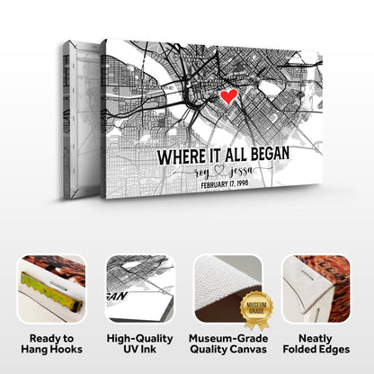 Couple street map sign canvas in grayscale with red heart over Dallas map by Tailored Canvases on Tampa Home & Garden Store