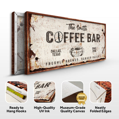 Coffee Bar Sign IV canvas with rustic weathered surface and rust frame by Tailored Canvases on Tampa Home & Garden Store