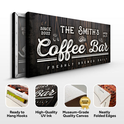 Family Coffee Bar Sign canvas by Tailored Canvases with dark wood grain background on Tampa Home & Garden Store