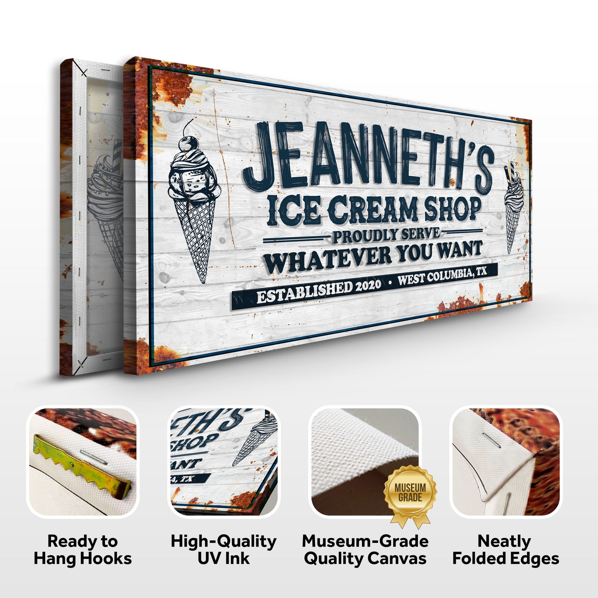 Ice Cream Shop Sign canvas on distressed white wood with dark blue text by Tailored Canvases on Tampa Home & Garden Store