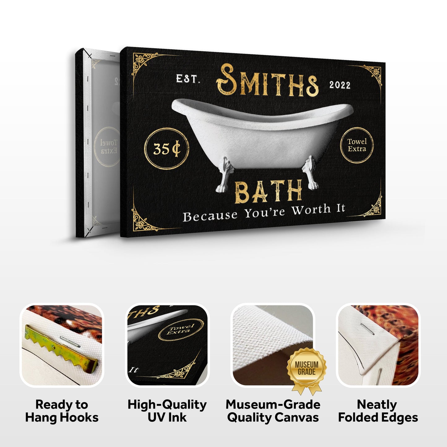 Tailored Canvases Family Bath Sign II canvas with black background and gold ornate tub artwork on Tampa Home & Garden Store