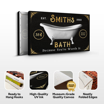 Tailored Canvases Family Bath Sign II canvas with black background and gold ornate tub artwork on Tampa Home & Garden Store