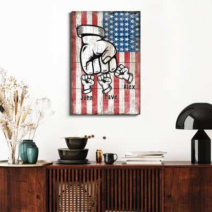Dad Fist Bump Father's Day Gift Sign canvas with rustic American flag background on Tampa Home & Garden Store