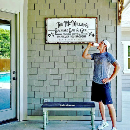 Backyard Bar & Grill sign canvas by Tailored Canvases, rustic framed wall art on gray shingles on Tampa Home & Garden Store