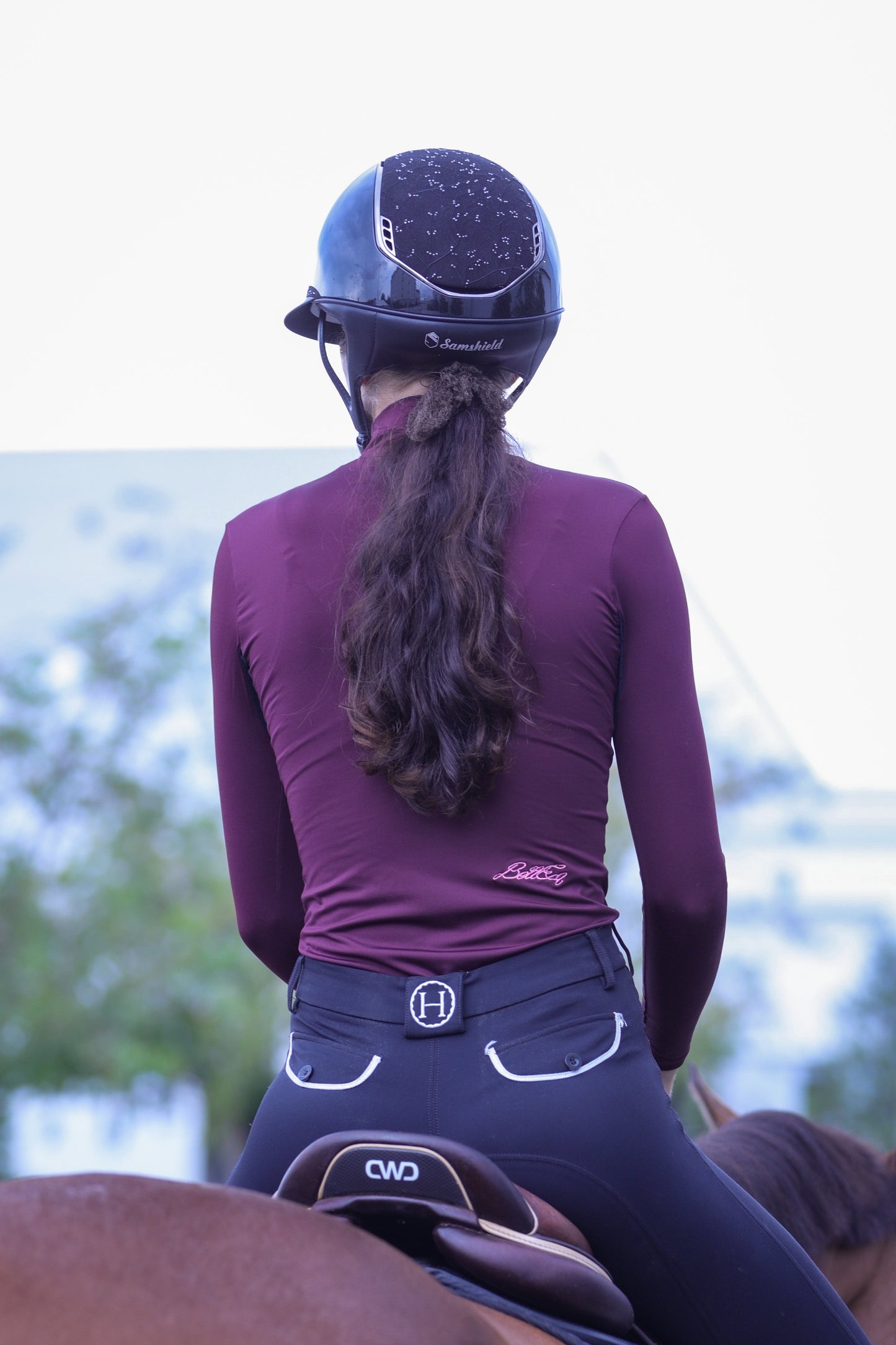 POPI X Equestrian Sun Top maroon long-sleeve riding top with BellEq logo at back on Tampa Home & Garden Store