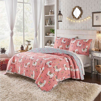 Juego de edredón de algodón reversible con llamas florales rosas y azules para cama individual/Twin XL