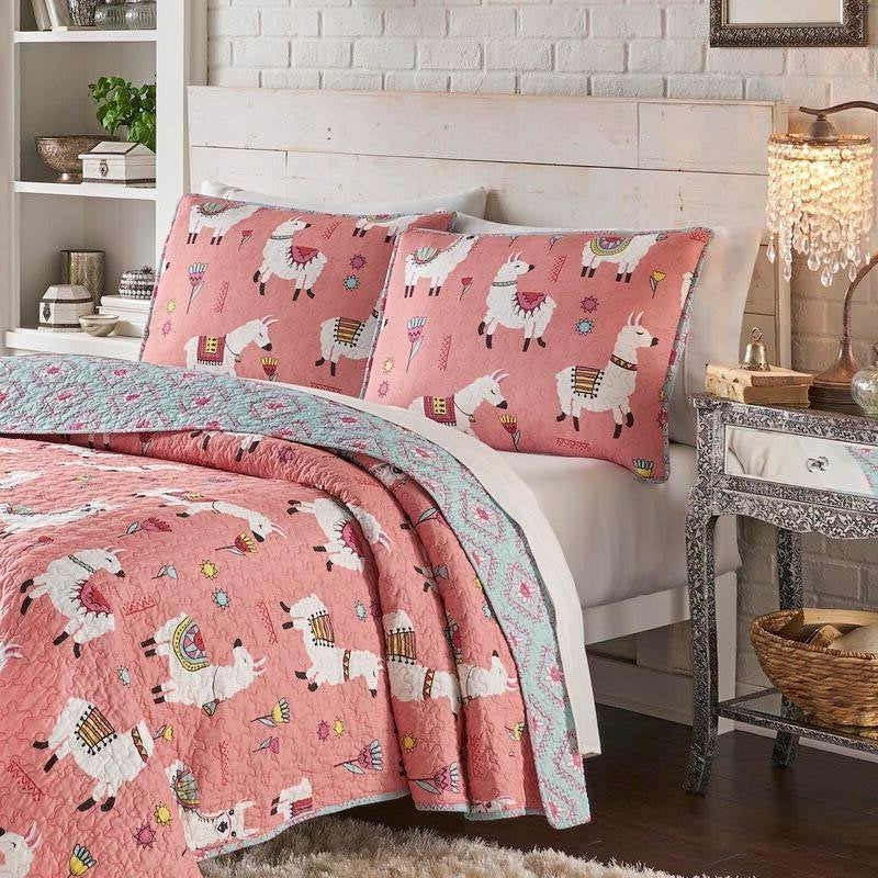 Juego de edredón de algodón reversible con llamas florales rosas y azules para cama individual/Twin XL