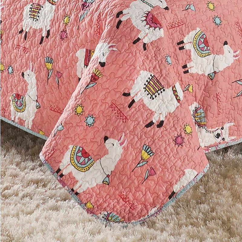 Juego de edredón floral reversible de llama rosa y azul 100 % algodón, tamaño Full/Queen