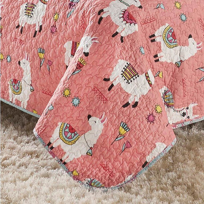 Juego de edredón floral reversible de llama rosa y azul 100 % algodón, tamaño Full/Queen