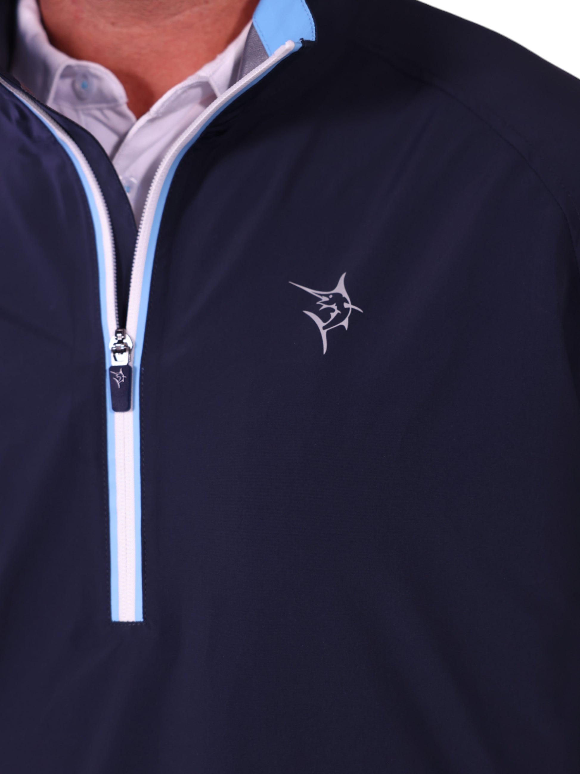 Palm Beach Waterproof Quarter Zip navy jacket with light blue piping White Water Life logo on Tampa Home & Garden Store