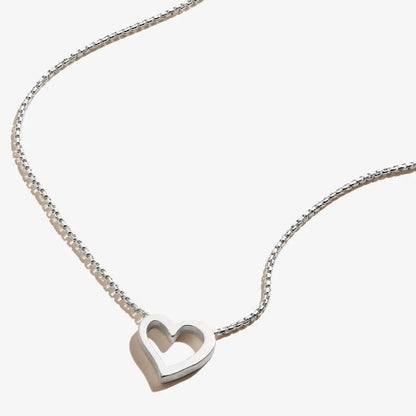 Heart necklace by ALEX AND ANI, silver metal with hollow open-heart pendant on a box chain on Tampa Home & Garden Store