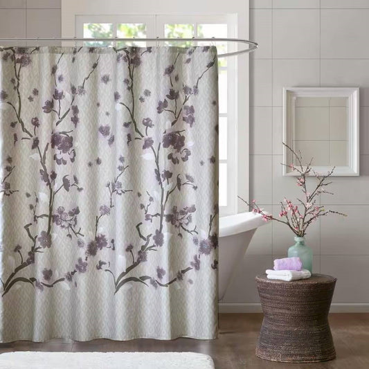 72 x 72 in Cotton Shower Curtain with Purple Grey Beige Floral Blossom Pattern - Tampa Home & Garden Store